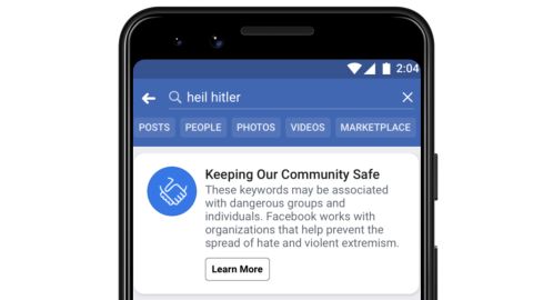A message Facebook says it will show users who search for terms it says are associated with white supremacy 