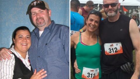 Helen Costa-Giles and her husband before and after getting fit. 