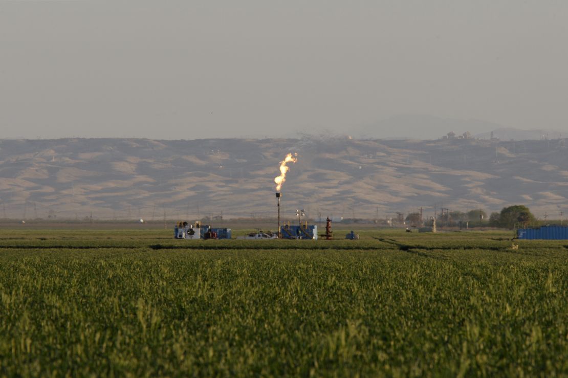 Gas is flared as waste at a California fracking facility in 2014.