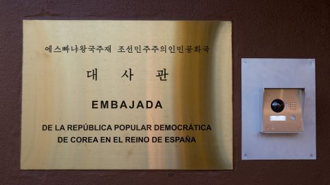 MADRID, SPAIN - MARCH 27: A placard at the entrance to the North Korean Embassy reads 'Embassy of the Democratic People's Republic of Korea in the Kingdom of Spain' on March 27, 2019 in Madrid, Spain. The North Korean Embassy was raided last February by 10 people. According to the High Court judge, the gang interrogated diplomats inside the embassy, stole hardware, and escaped on a flight to New York from Lisbon. The Spanish authorities have identified seven of the gang who later allegedly offered the stolen data to the FBI.   (Photo by Pablo Blazquez Dominguez/Getty Images)