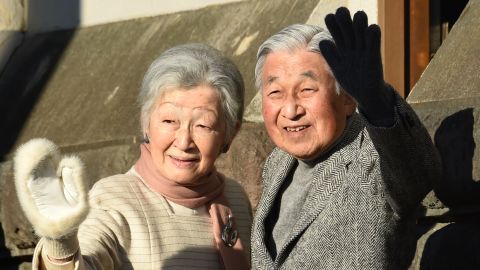 Japan's Emperor Akihito and Empress Michiko wave to well-wishers near the Hayama Imperial Villa in Kanagawa Prefecture on January 21, 2019.