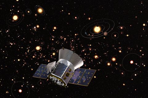 Artist's concept of TESS against background of stars & orbiting planets in the Milky Way. Credit: ESA, M. Kornmesser (ESO), Aaron E. Lepsch (ADNET Systems Inc.), Britt Griswold (Maslow Media Group), NASA's Goddard Space Flight Center & Cornell University