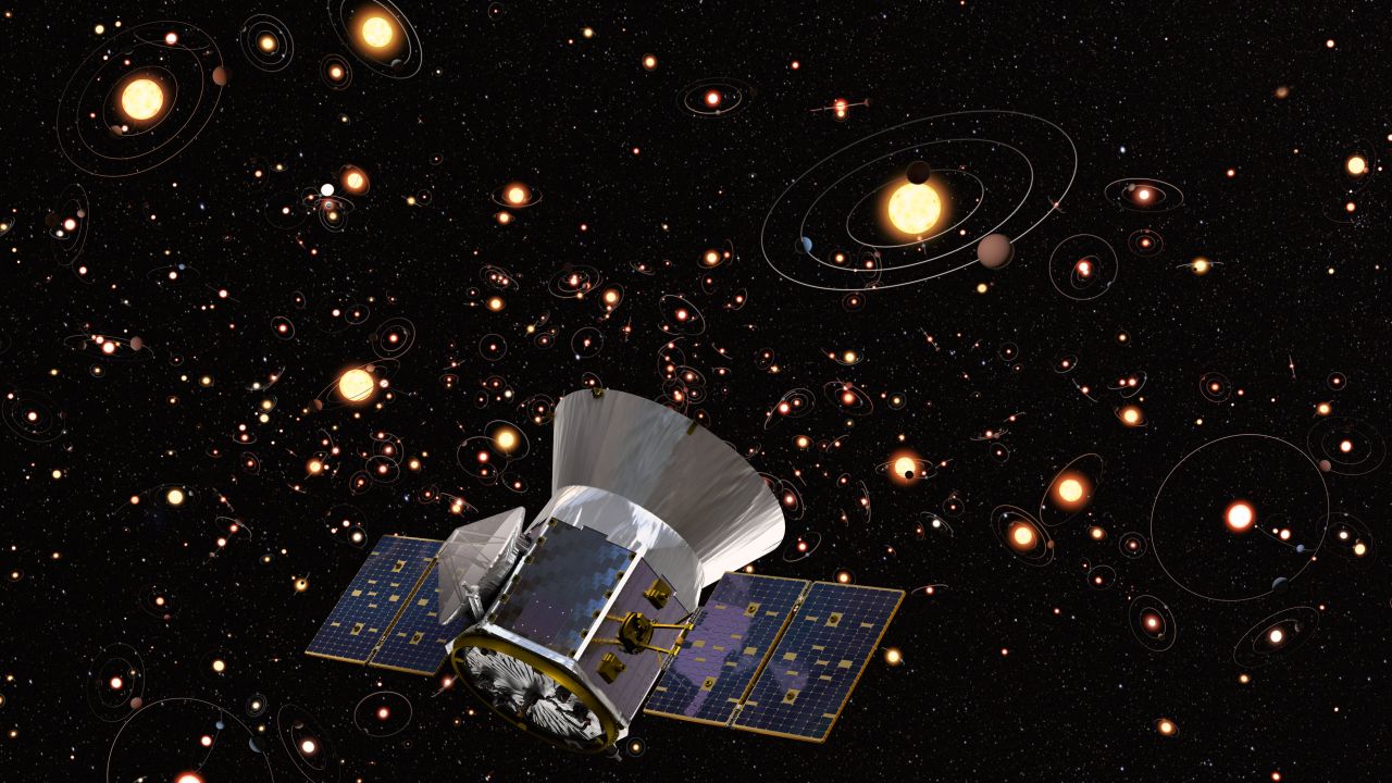 An artist's concept of TESS against a background of stars and orbiting planets in the Milky Way. 