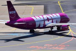 A Wow Air flight on the tarmac in Frankfurt.