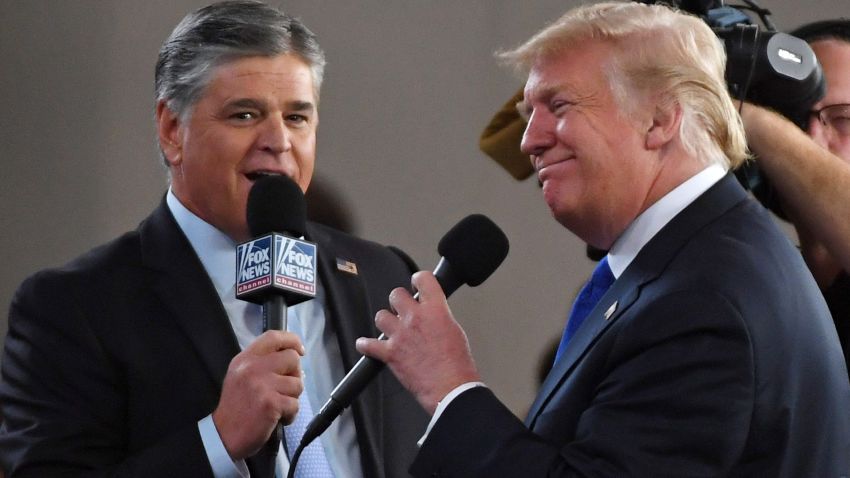 LAS VEGAS, NV - SEPTEMBER 20:  Fox News Channel and radio talk show host Sean Hannity (L) interviews U.S. President Donald Trump before a campaign rally at the Las Vegas Convention Center on September 20, 2018 in Las Vegas, Nevada. Trump is in town to support the re-election campaign for U.S. Sen. Dean Heller (R-NV) as well as Nevada Attorney General and Republican gubernatorial candidate Adam Laxalt and candidate for Nevada's 3rd House District Danny Tarkanian and 4th House District Cresent Hardy.  (Photo by Ethan Miller/Getty Images)