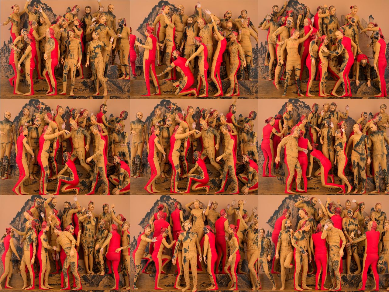 Participants in Liu's latest work were painted head to toe in red and yellow.