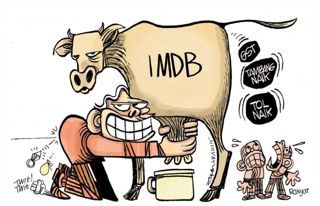 One of Zunar's cartoons show Najib milking a 1MDB cow, while ordinary citizens were left with the animal's waste.