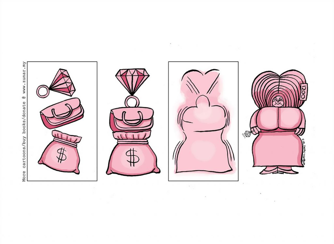 In this cartoon, a diamond, cash and a Birkin handbag, all things Rosmah allegedly acquired during Najib's tenure, transform into the first lady herself.