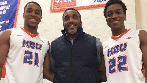 William Gates (center) is now an AAU coach in Texas. His sons William Jr. (left) and Jalon played together at Houston Baptist University. 