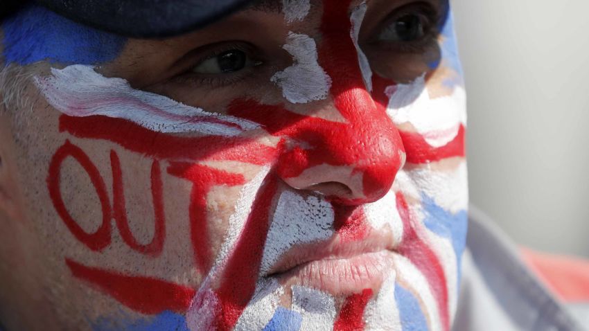 A Brexit supporter wears the Union Jack colors on his face at Parliament Square in Westminster, London, Friday, March 29, 2019. Pro-Brexit demonstrators were gathering in central London on the day that Britain was originally scheduled to leave the European Union. British lawmakers will vote Friday on what Prime Minister Theresa May's government described as the "last chance to vote for Brexit." (AP Photo/ Frank Augstein)