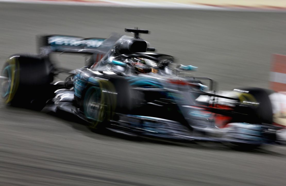  Lewis Hamilton' s Mercedes AMG on track during the 2018 Bahrain Grand Prix.