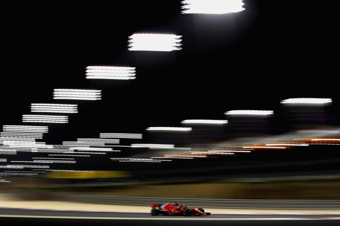 Sebastian Vettel drives his Ferrari en route to winning of the 2018 Bahrain Grand Prix.