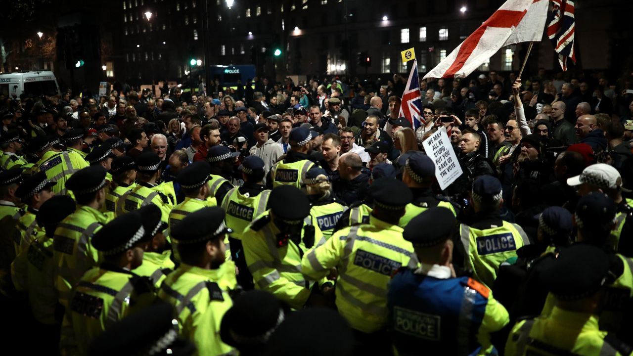 Police and demonstrators clashed during pro-Brexit protests.