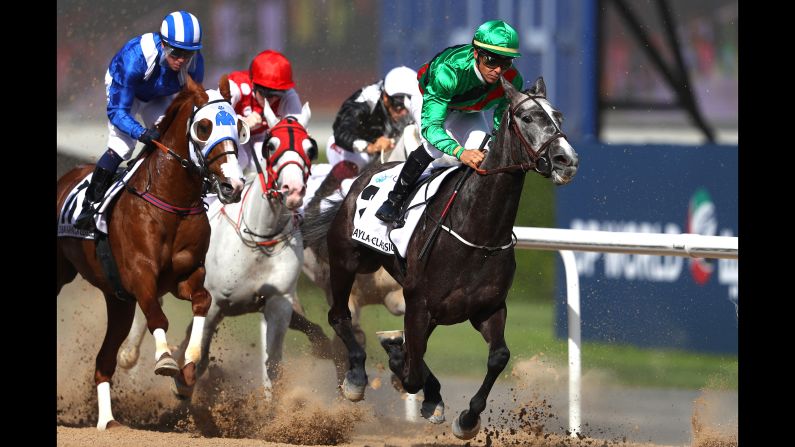 Julien Auge rides Al Shamoos during the Dubai World Cup at Meydan Racecourse on March 30, in Dubai.