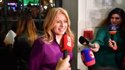 Presidential candidate Zuzana Caputova talks to the press as she arrives to her election's headquarters in Bratislava, Slovakia on March 30, 2019. - Zuzana Caputova, a Slovak government critic who faces off against the ruling party's candidate in the second round of presidential elections, is a liberal lawyer hoping to become the EU member's first female head of state. (Photo by JOE KLAMAR / AFP)        (Photo credit should read JOE KLAMAR/AFP/Getty Images)