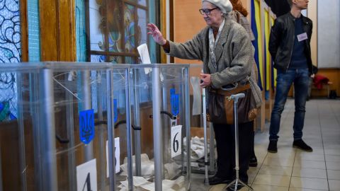 A woman casts her ballot at a polling station in Kiev during Sunday's election.