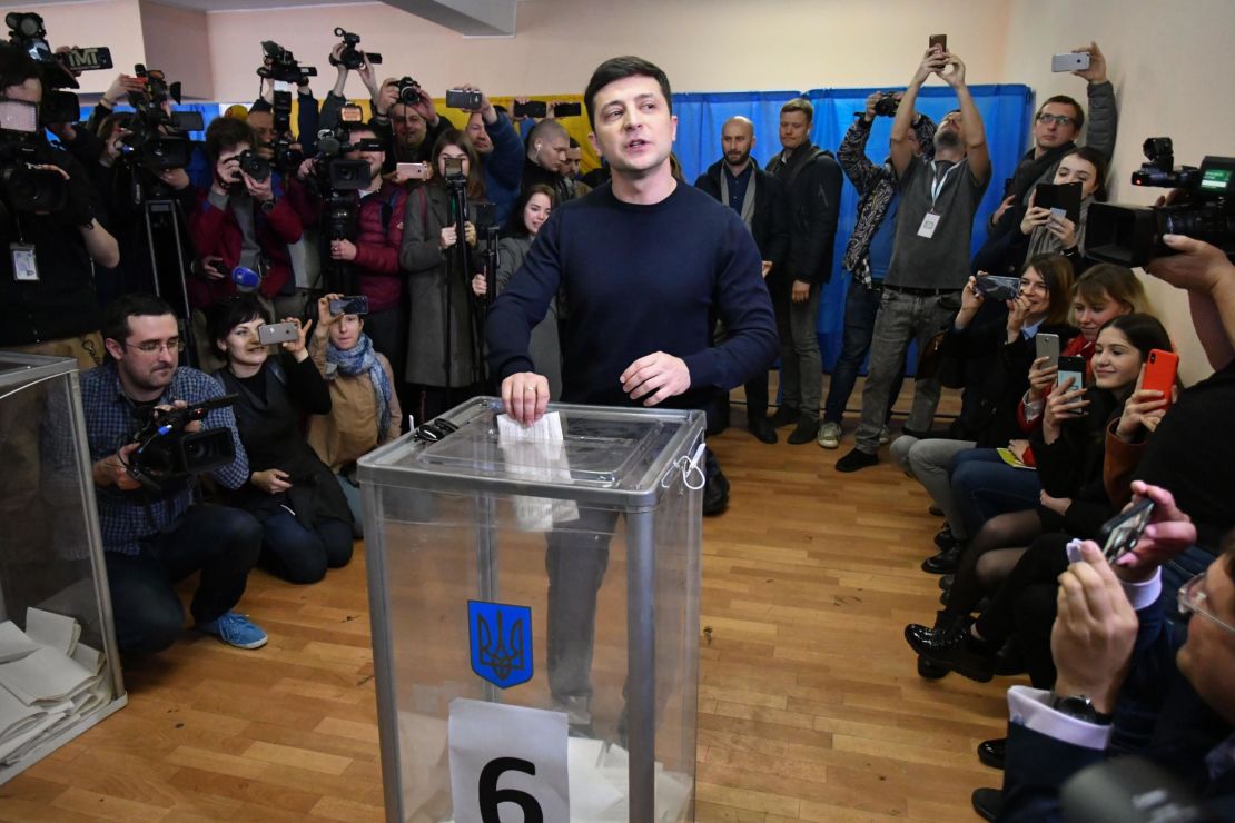 Ukrainian comedian and presidential candidate Volodymyr Zelensky casts his ballot on Sunday.