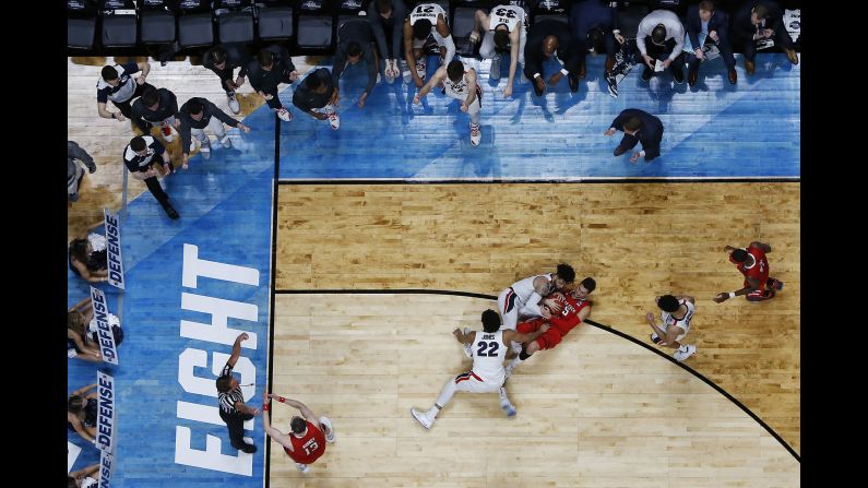 Davide Moretti of the Texas Tech Red Raiders fights for the ball with Josh Perkins and Jeremy Jones of the Gonzaga Bulldogs late in the second half of their Elite Eight matchup in the 2019 NCAA Men's Basketball Tournament at Honda Center on March 30. The Red Raiders defeated the Bulldogs to <a href="index.php?page=&url=https%3A%2F%2Fbleacherreport.com%2Farticles%2F2828634-jarrett-culver-no-3-texas-tech-upset-no-1-gonzaga-to-advance-to-final-four" target="_blank" target="_blank">advance to the Final Four</a> for the first time in program history.