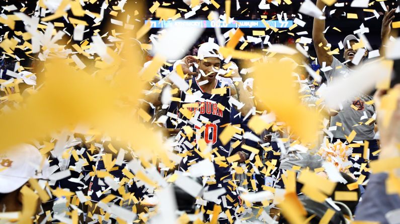 Samir Doughty of the Auburn Tigers celebrates after defeating the Kentucky Wildcats 77-71 in overtime during the 2019 NCAA Basketball Tournament Midwest Regional at Sprint Center in Kansas City, Missouri, on March 31. 