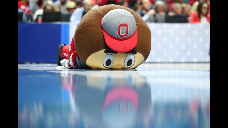 The Ohio State mascot Brutus Buckeye reacts on the court during a stoppage in play during the 2019 NCAA Tournament at BOK Center in Tulsa, Oklahoma, on March 24.