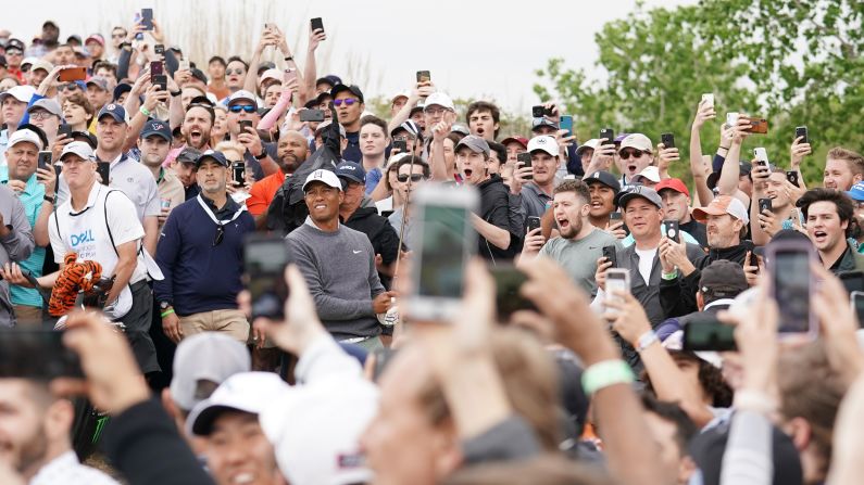Tiger Woods plays his second shot from the gallery on the 15th hole during the WGC-Dell Technologies Match Play at Austin Country Club on March 30.