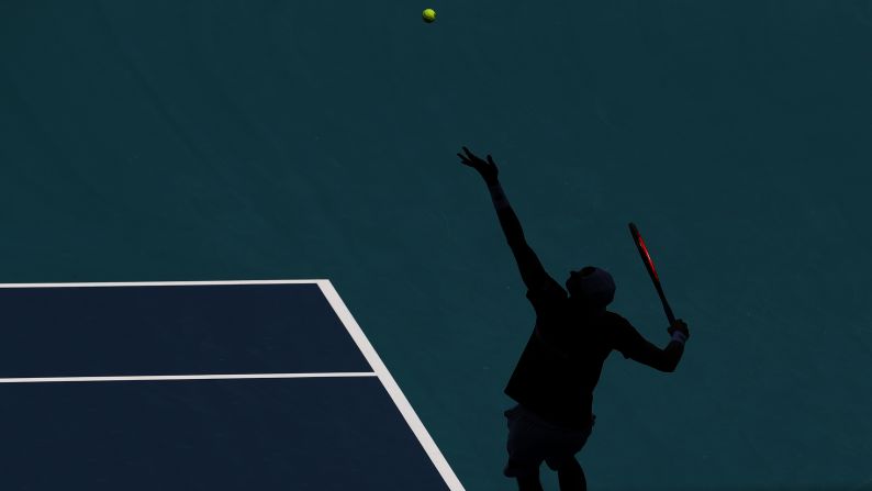 John Isner serves against Kyle Edmund during day 9 of the Miami Open at Hard Rock Stadium on Tuesday, March 26. Isner defeated Edmund in two sets and advanced all the way to the Finals <a href="index.php?page=&url=https%3A%2F%2Fbleacherreport.com%2Farticles%2F2828832-roger-federer-beats-john-isner-at-2019-miami-open-for-101st-career-title" target="_blank" target="_blank">before losing to Roger Federer.</a>