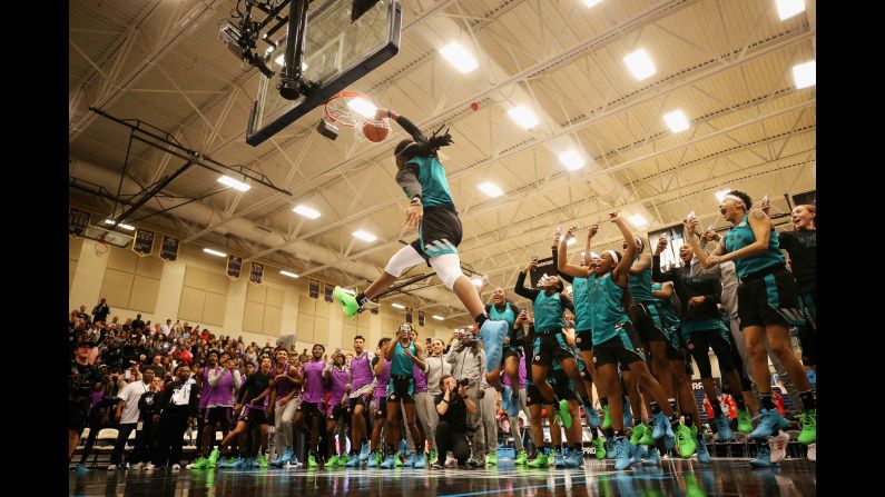 Francesca Belibi dunks during the 2019 Powerade Jam Fest on March 25 in Marietta, Georgia. Belibi, who will continue her basketball career at Stanford, is the first woman since Candace Parker (2004) to win the dunk contest.