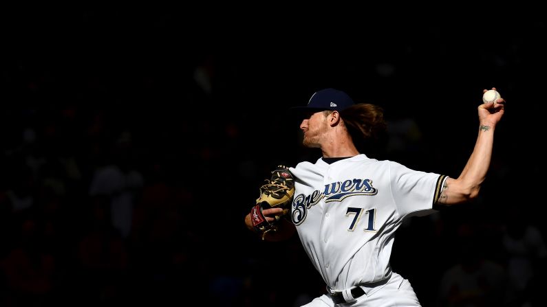 Josh Hader of the Milwaukee Brewers pitches during a game against the St. Louis Cardinals at Miller Park in Milwaukee on Thursday, March 28.