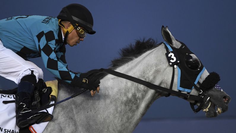 X Y Jet with jockey Emisael Jaramillo wins the $2.5 million Group 1 Dubai Golden Shaheen in Dubai, United Arab Emirates, on Saturday, March 30.
