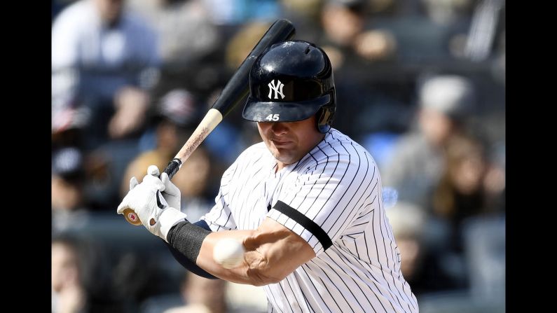 Yankees first baseman Luke Voit is hit by a pitch in the fifth inning of a game against the Baltimore Orioles during Major League Baseball Opening Day at Yankee Stadium on Thursday, March 28.