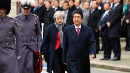 LONDON, ENGLAND - JANUARY 10: (CHINA OUT, SOUTH KOREA OUT)  Britain's Prime Minister Theresa May walks with Japanese Prime Minister Shinzo Abe receiving a military Guard of Honour for the first time ahead of bilateral talks at 10 Downing Street on January 10, 2019 in London, England. The leader of Japan is visiting to strengthen ties with the United Kingdom before Brexit in March and to forge collaborations on technology and innovation between counties.  (Photo by The Asahi Shimbun/The Asahi Shimbun via Getty Images)