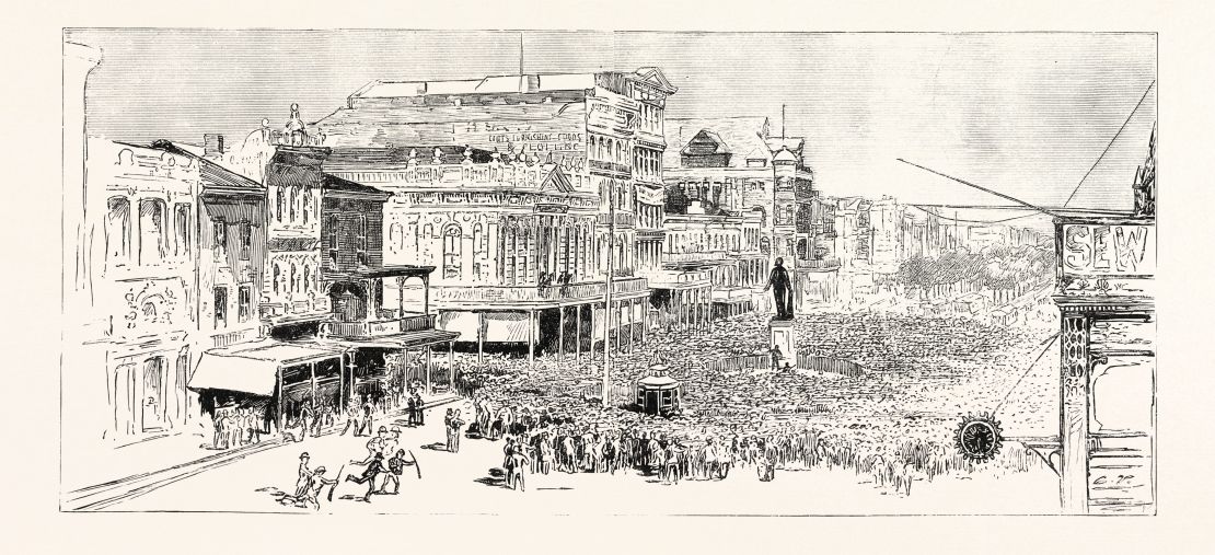 An artist's sketch depicts the mob that gathered in New Orleans in 1891 to "avenge" the police commissioner's murder.