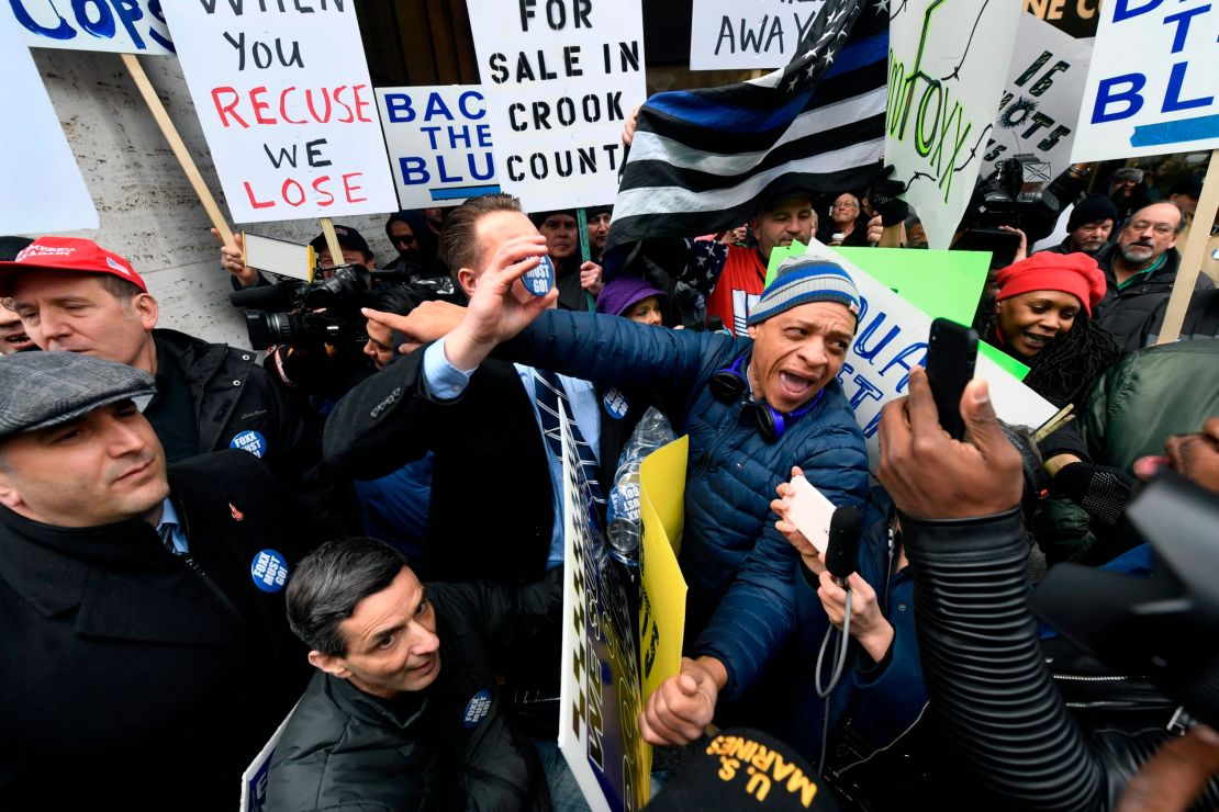 Dueling protestors clash over Cook County State's Attorney Kim Foxx's office's decision to drop all charges against "Empire" actor Jussie Smollett on Monday, April 1, 2019, in Chicago.