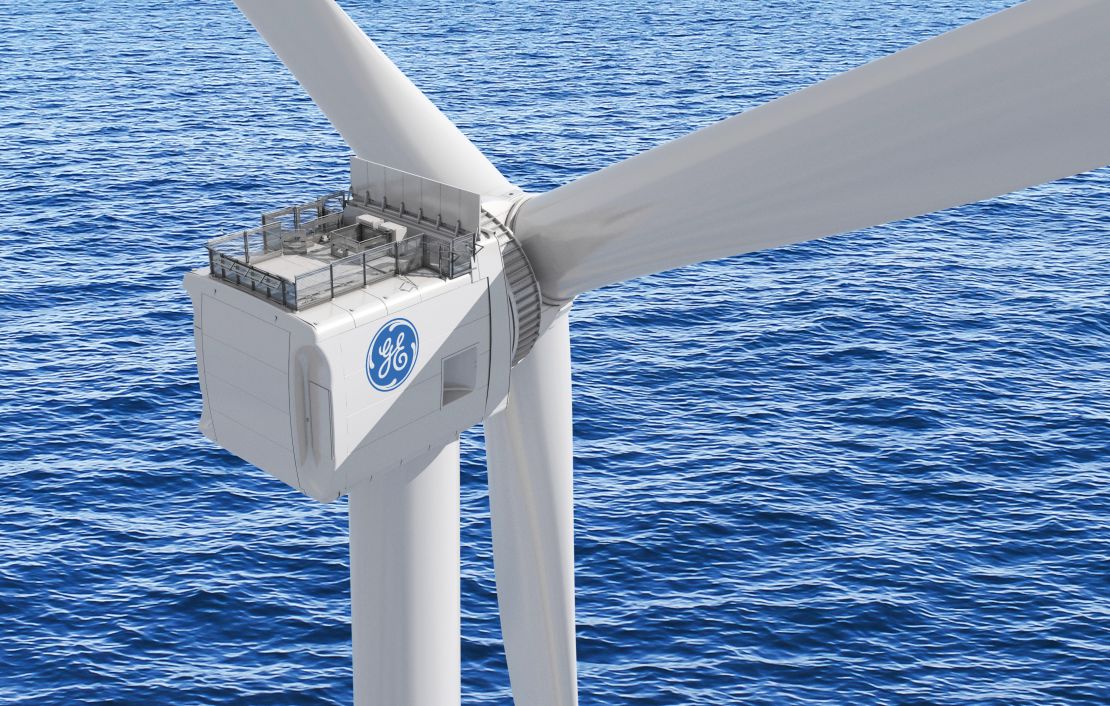 An illustration shows the GE Haliade-X offshore wind turbine, which GE plans to install in the Netherlands this summer. The company is aiming to ship its first commercial units in 2021.