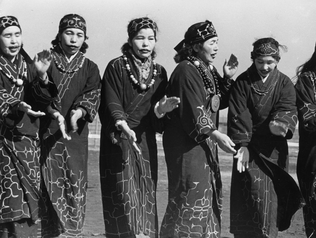 Ainu people  occupying parts of the Japanese island of Hokkaido, Russian Kuril Islands and Sakhalin, in about 1950.