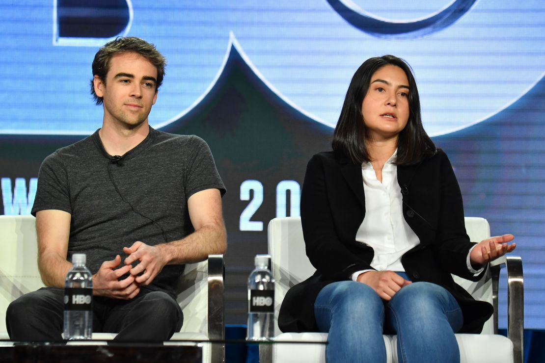 Tyler Shultz and Erika Cheung speak onstage during a promotional panel for the HBO film "The Inventor: Out for Blood in Silicon Valley." 