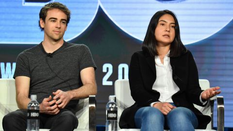Tyler Shultz and Erika Cheung speak onstage during a promotional panel for the HBO film "The Inventor: Out for Blood in Silicon Valley." 