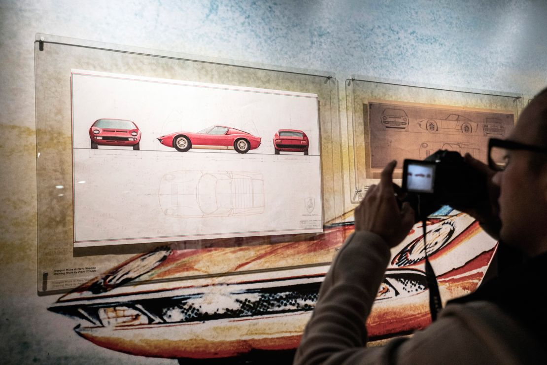 Sketches of the Lamborghini Miura are on display.