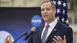 CAPE CANAVERAL, FL - MARCH 11: In this handout photo provided by NASA, NASA Administrator Jim Bridenstine talks to employees about the agencys progress toward sending astronauts to the Moon and on to Mars during a televised event at the Neil Armstrong Operations and Checkout Building at NASA's Kennedy Space Center on March 11, 2019 in Cape Canaveral, Florida.  NASA's Orion spacecraft, which is scheduled to be flown on Exploration Mission-2, was on display during the event. (Photo by Aubrey Gemignani/NASA via Getty Images)