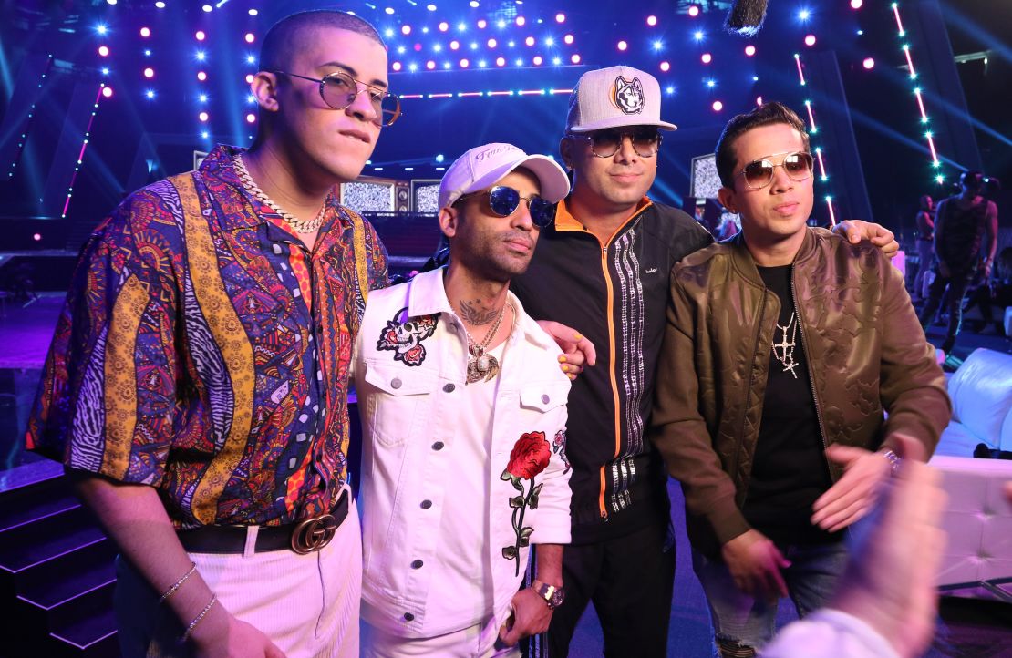 Bad Bunny (left) with artists Arcangel, Wisin and De la Ghetto in 2017.