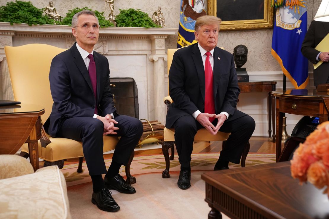 U.S. President Donald Trump and NATO Secretary General Jens Stoltenberg (L) talk to reporters in the Oval Office at the White House April 02, 2019 in Washington, DC. 