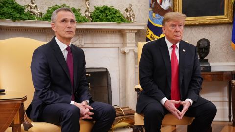 U.S. President Donald Trump and NATO Secretary General Jens Stoltenberg (L) talk to reporters in the Oval Office at the White House April 02, 2019 in Washington, DC. 
