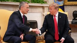 NATO Secretary General Jens Stoltenberg shakes hands with President Donald Trump in the Oval Office at the White House April 02, 2019. On the 70th anniversary of the trans-Atlantic alliance, Trump and Stoltenberg held a bilateral meeting to discuss it successes and 'evolving challenges,' according to the White House. (Photo by Chip Somodevilla/Getty Images)