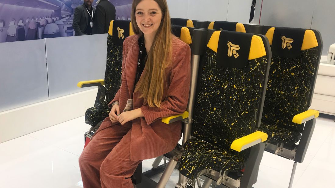 <strong>The stand-up airplane seat:</strong> CNN Travel's Francesca Street tried out Aviointeriors' stand-up airplane seat at Hamburg's Aircraft Interiors Expo. 