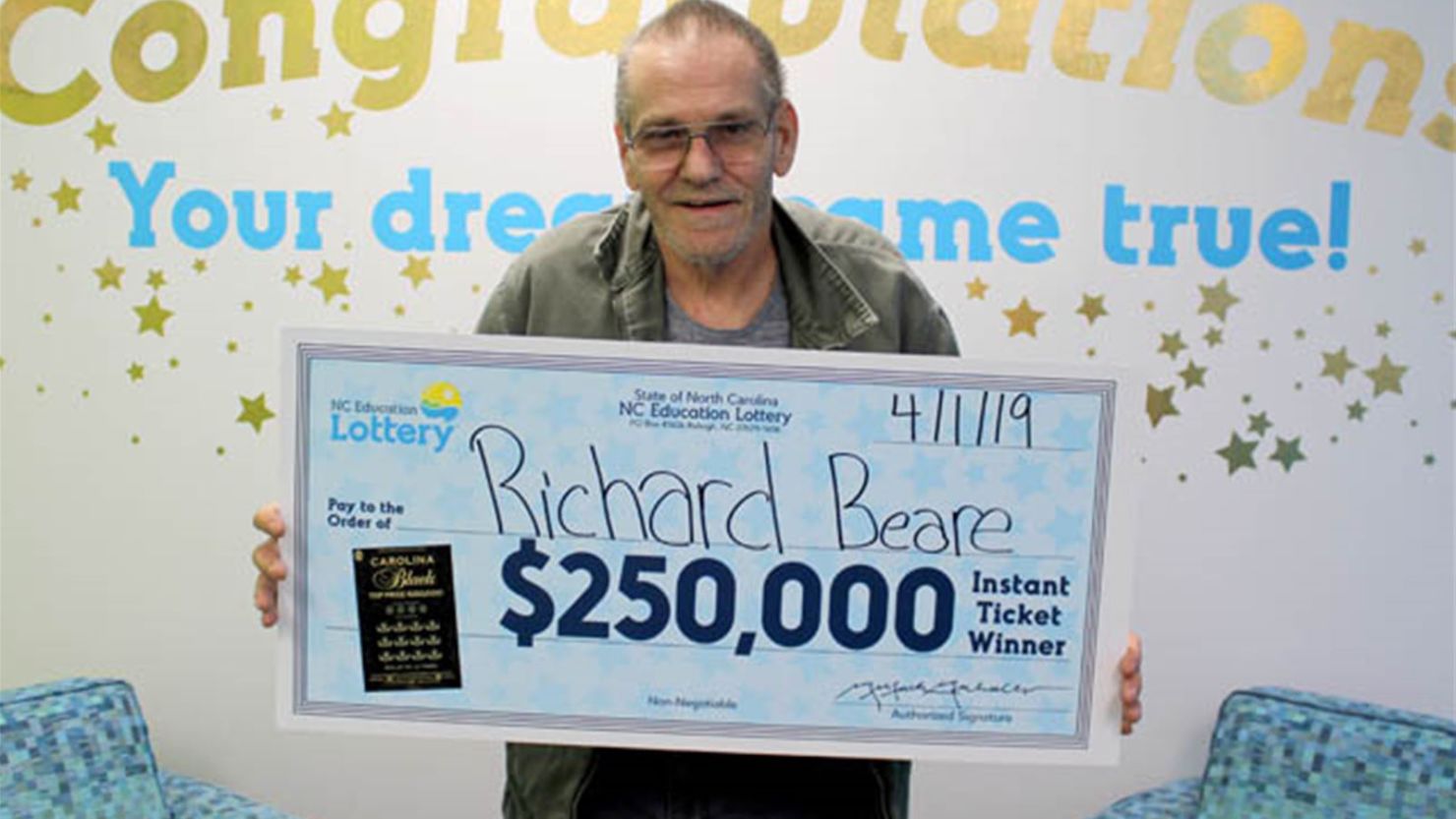 Richard Beare cashed in his winning ticket on Monday in Raleigh, North Carolina.