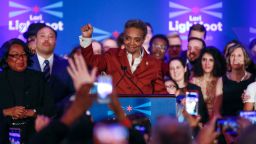 Chicago mayor elect Lori Lightfoot (C) arrives on stage before speaking during the election night party in Chicago, Illinois on April 2, 2019. - In a historic first, a gay African American woman was elected mayor of America's third largest city Tuesday, as Chicago voters entrusted a political novice with tackling difficult problems of economic inequality and gun violence. Lori Lightfoot, a 56-year-old former federal prosecutor and practicing lawyer who has never before held elected office, was elected the midwestern city's mayor in a lopsided victory. (Photo by Kamil Krzaczynski / AFP)        (Photo credit should read KAMIL KRZACZYNSKI/AFP/Getty Images)