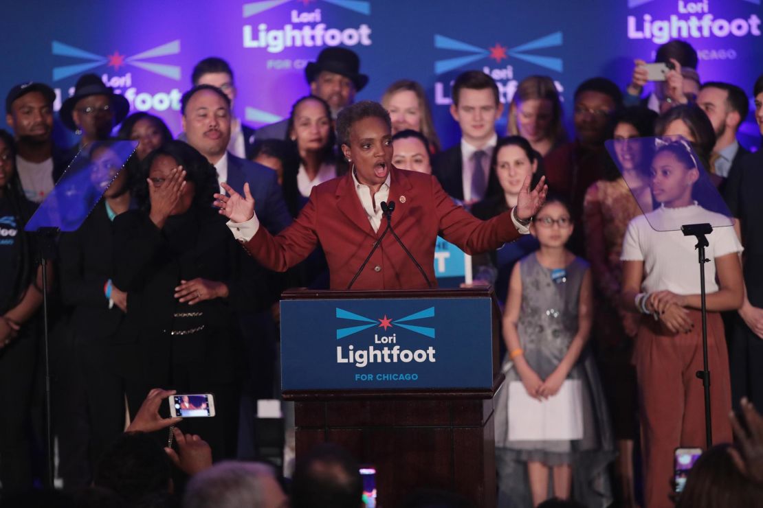 Lori Lightfoot delivers a victory speech April 2, 2019, in Chicago. She is the city's first black female mayor and its first openly gay mayor.