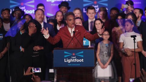 Lori Lightfoot delivers a victory speech April 2, 2019, in Chicago. She is the city's first black female mayor and its first openly gay mayor. 