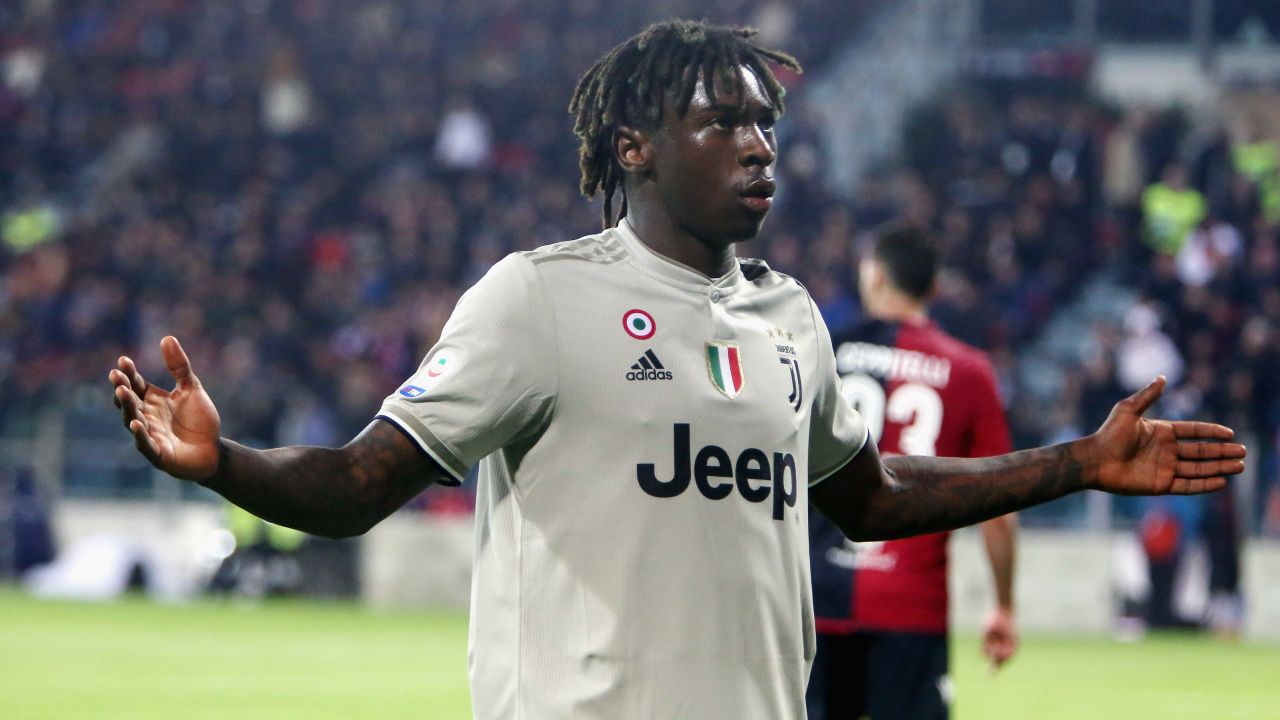 Moise Kean celebrates after scoring against Cagliari.