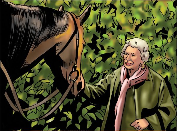 British monarch Queen Elizabeth II, an avid horsewoman and racehorse owner, also makes an appearance in the comic book. Here she is with her Gold Cup-winning horse, Estimate. The original painting of the Queen was commissioned by The Jockey Club, and can be found in The Jockey Club Rooms in Newmarket, England.